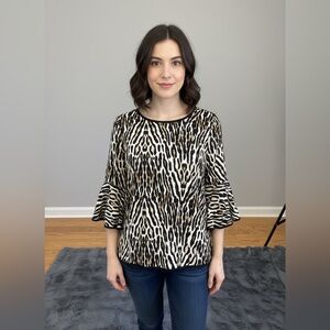 Coco Bianco Leopard Print Ruffle Sleeve Top - Black & Cream size 1X